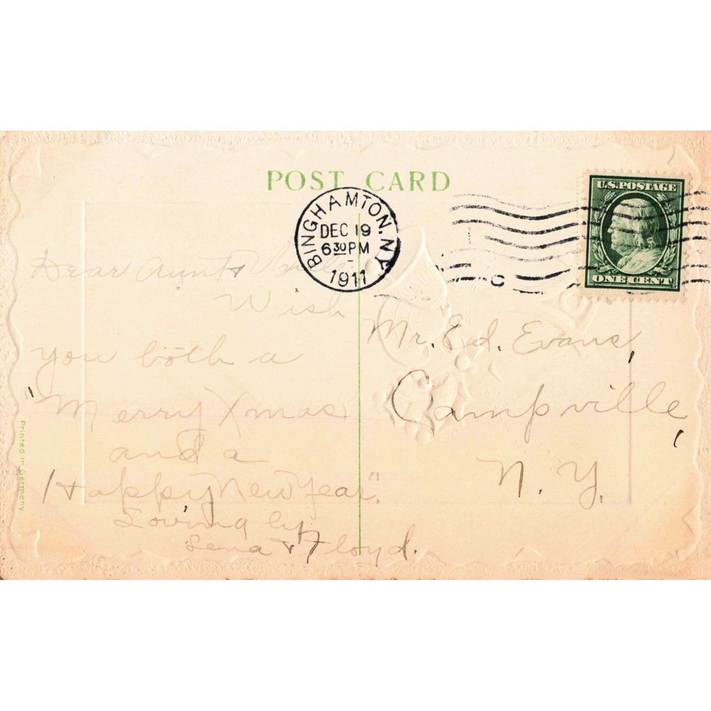 Vintage 1911 Embossed Christmas Postcard Holly Bells Cottage Scene Germany VG - Picture 2 of 2